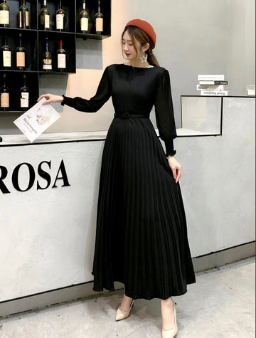 Pierre Solid Pleated Long Dress - Black